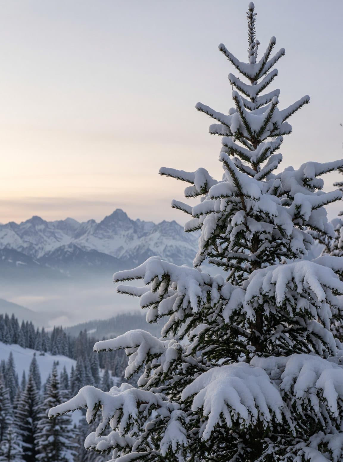 Snow-covered fir in front of mountains