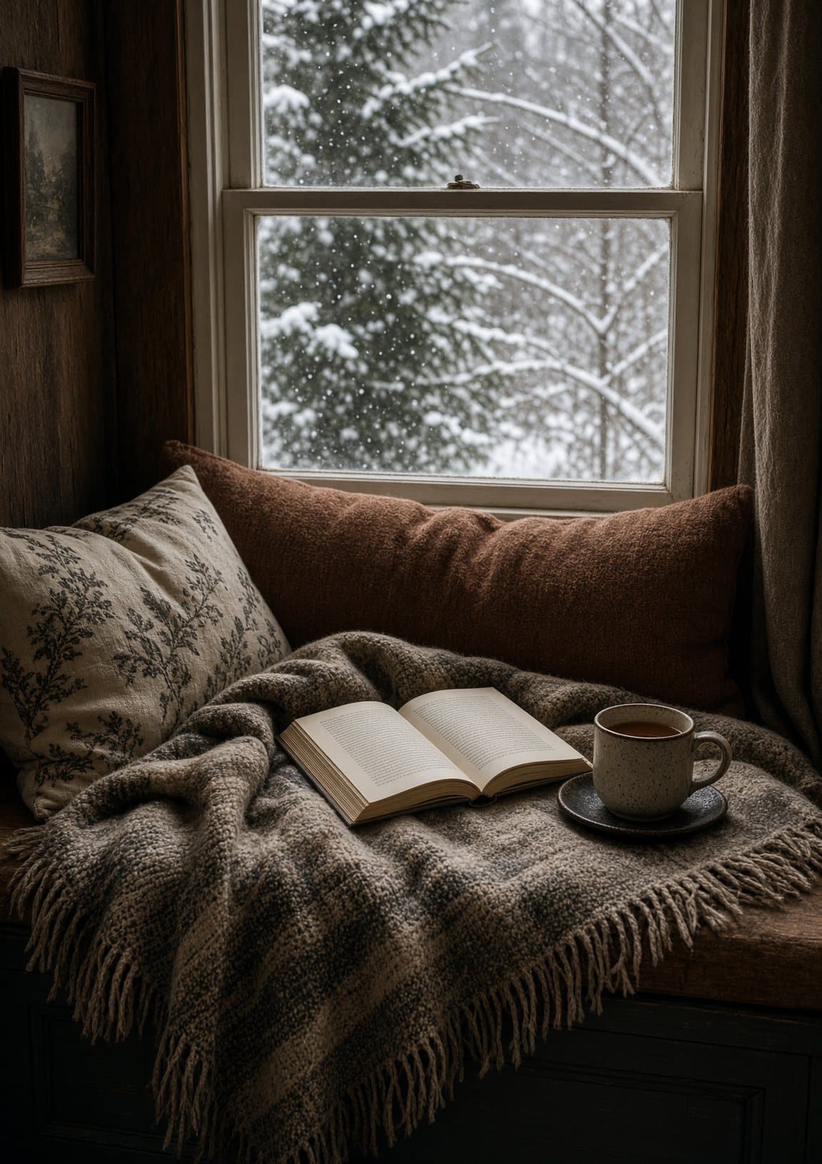 Reading nook by a snowy window